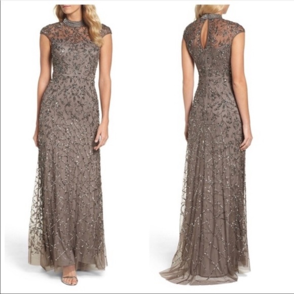 Adrianna Papell Dresses & Skirts - Adrianna Papell cap Sleeves,mock neck beaded long gown